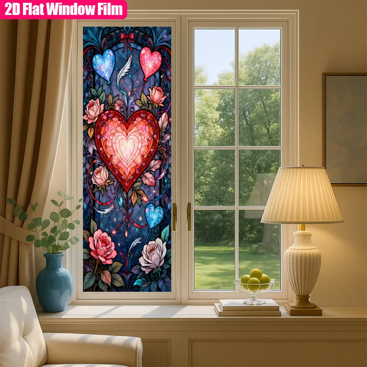 2D Flat, 2D Electrostatic Cling Window Film Featuring a Heart-shaped Decorative Pattern with Surrounding Elements Such as Roses and Feathers. This Decorative Window Film Is Suitable for Living Rooms, Christmas, Halloween, Festivals
