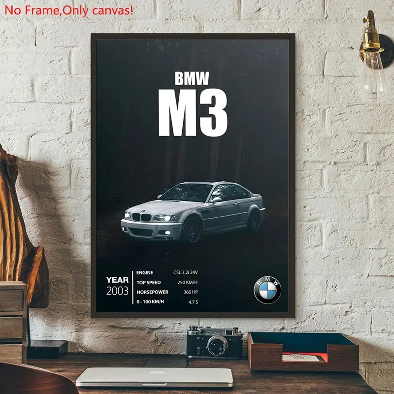 1 Piece/Set frameless canvas painting print poster,Luxury sports car art，M3 Retro Car 2003，a perfect gift for cars loves, ideal gift for bedroom, living room, dorm hallway, kitchen, mural, wall decoration, room decor