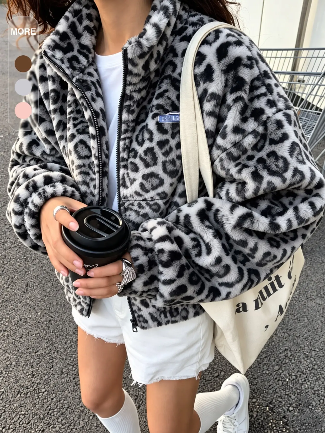 Unisex Leopard Print Jacket, Fleece-Like Fabric, Stand Collar Full Zipper, Chest Logo, Loose Fit Street Style, Casual Outerwear Coats