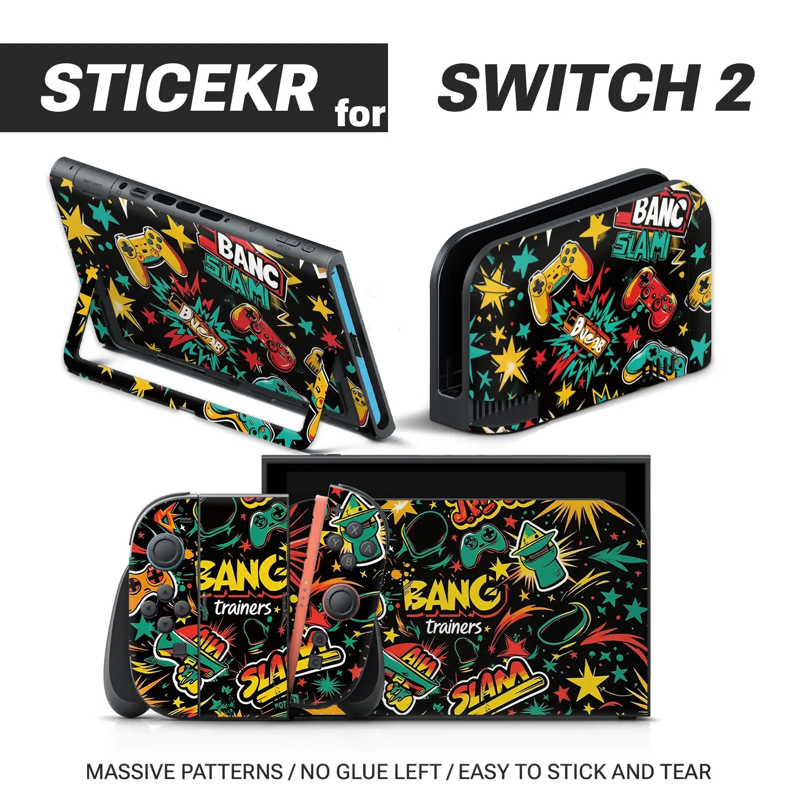 Street Game Controller Graffiti Skin Cover for Nintendo Switch 2, Full Set Decals for Console, Joy-Con & Charging Dock, Waterproof Scratch Resistant Removable No Glue Residue