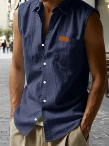 Men's Hawaiian Style Linen Loose Fit Casual Shirt, Henry Collar Turn-Down Neck, Sleeveless Summer Top, Plain Surface, Unlined