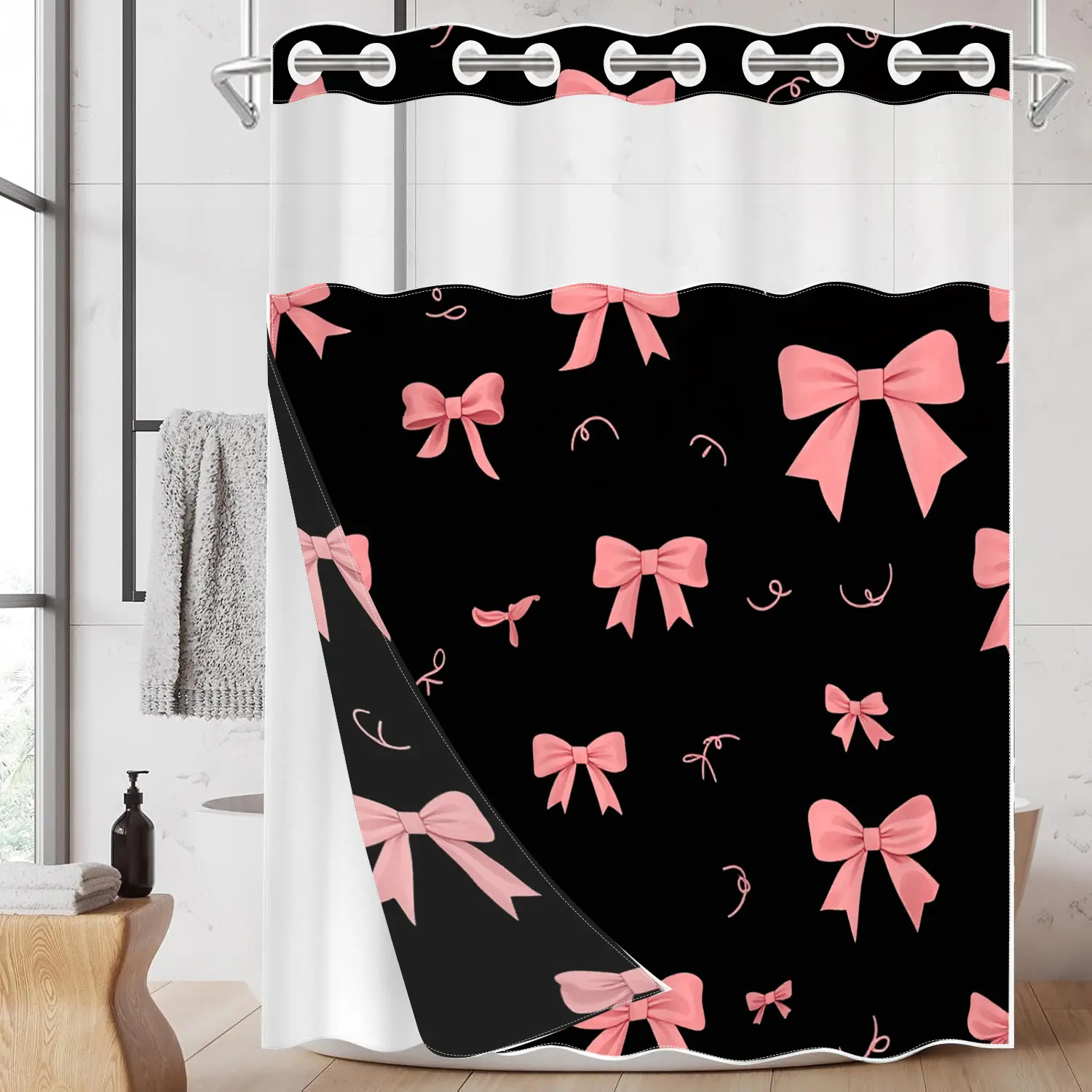 1pc hookless shower curtain with buckle lining, Decorative shower curtain, spring black and pink bow pattern design, 2D flat printing, fabric waterproof lining, see-through double shower curtain, 71 x 74 inches, modern home decoration