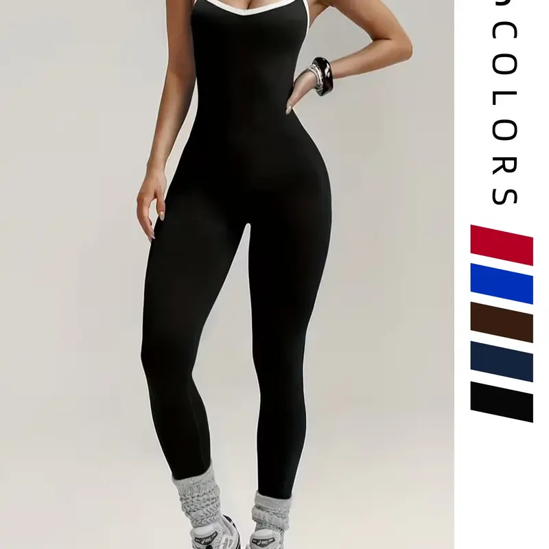 Women's Yoga One-Piece Sleeveless High-Waisted Above-Ankle Pants, Workout Sporty Jumpsuit, Casual Plain Design, Solid Color Jumpsuits for All Seasons, Comfortable Workout Wear, Fitness Yoga Jumpsuit