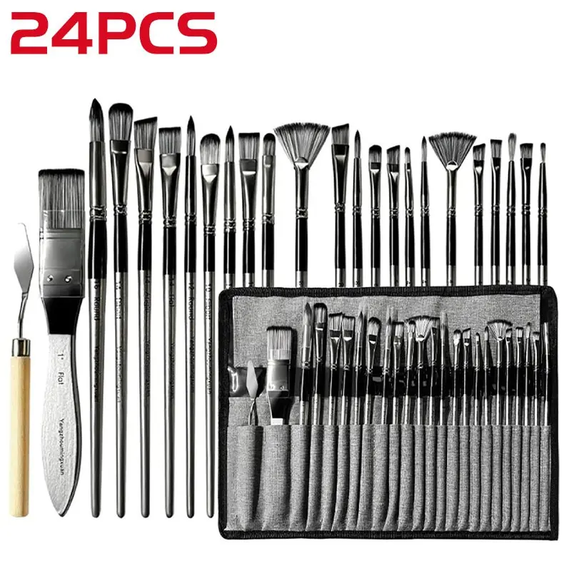 24pcs Paintbrush Set with 23 Shapes, Tail Grip, Perfect Box for Oil Painting, Watercolor - Great for Artists and Beginners, Art Supplies, Art Kits