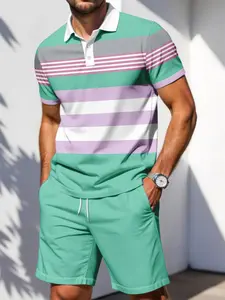 Men's Two-Piece Striped Polo Shirt and Shorts Set, Casual Streetwear, Breathable Loose Fit, Summer Sports, Multiple Colors Available