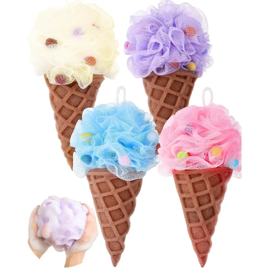 4 Pack Ice Cream Shaped Bath Loofah Sponge Set – Cute Cartoon Body Scrubber with Soft Mesh, Exfoliating Shower Pouf & Foaming Ball for Gentle Deep Clean, Fun Bath Accessory for Kids & Adults, Great Birthday Party Gift Exchange