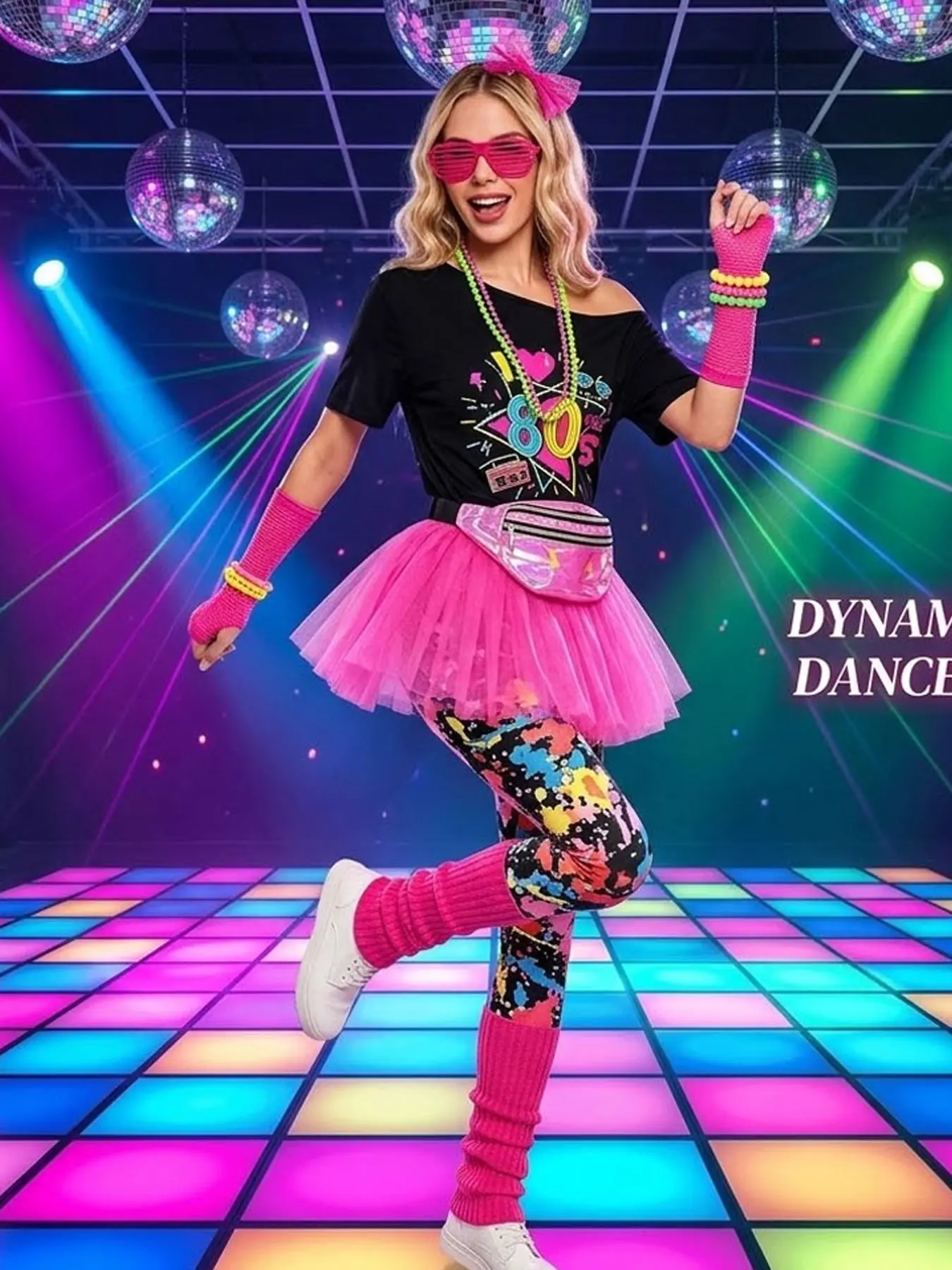 Off Shoulder T-shirts and Leggings Themed Retro Party Performance Costumes 80s Unisex Disco Dance Costumes