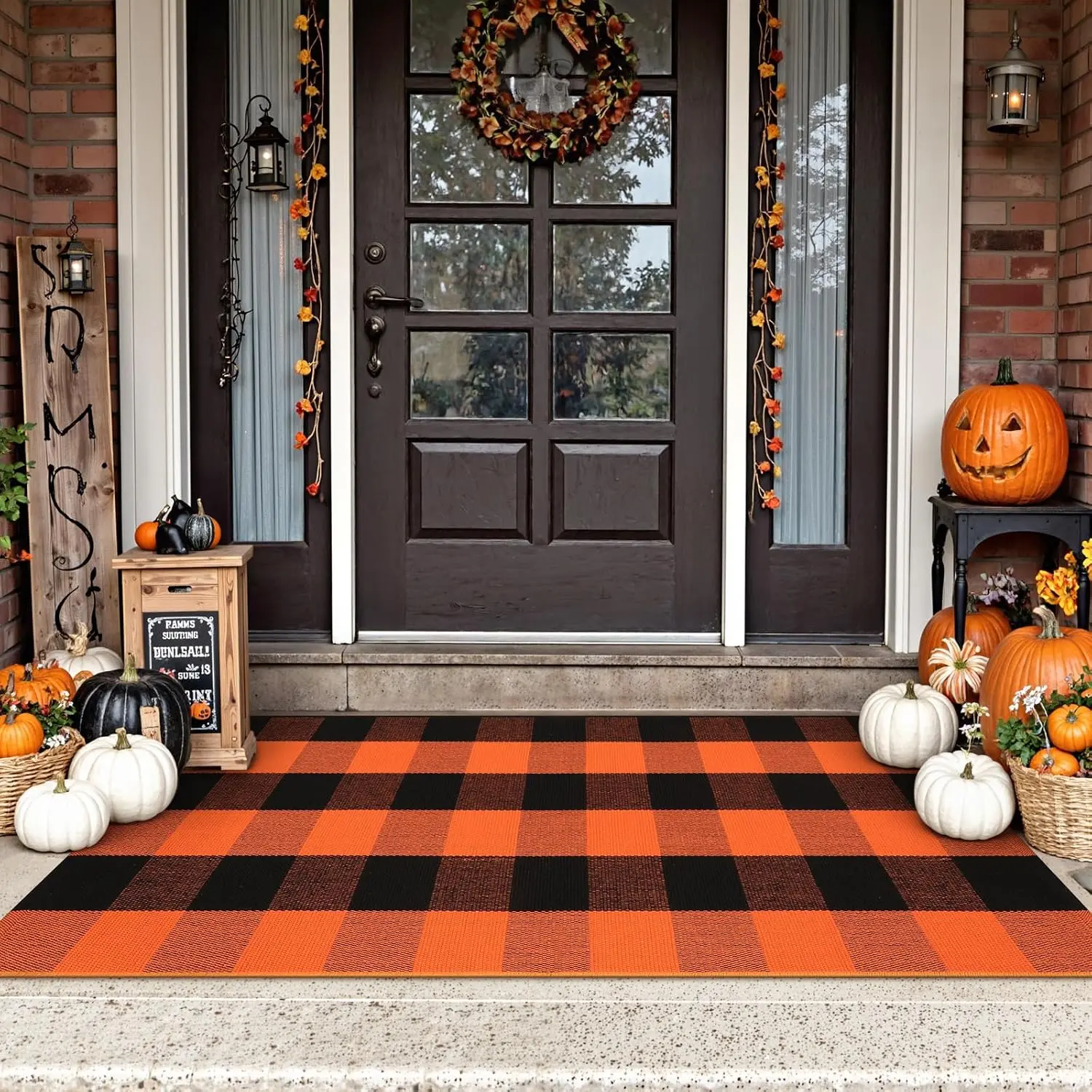 Bufflo  Outdoor Rug 2'x4.3', Fall Decor Checkered Front Door Mat, Indoor Outdoor  Porch Rug for Layered Door Mats, Washable Halloween Black/Orange Runner for Patio Entryway
