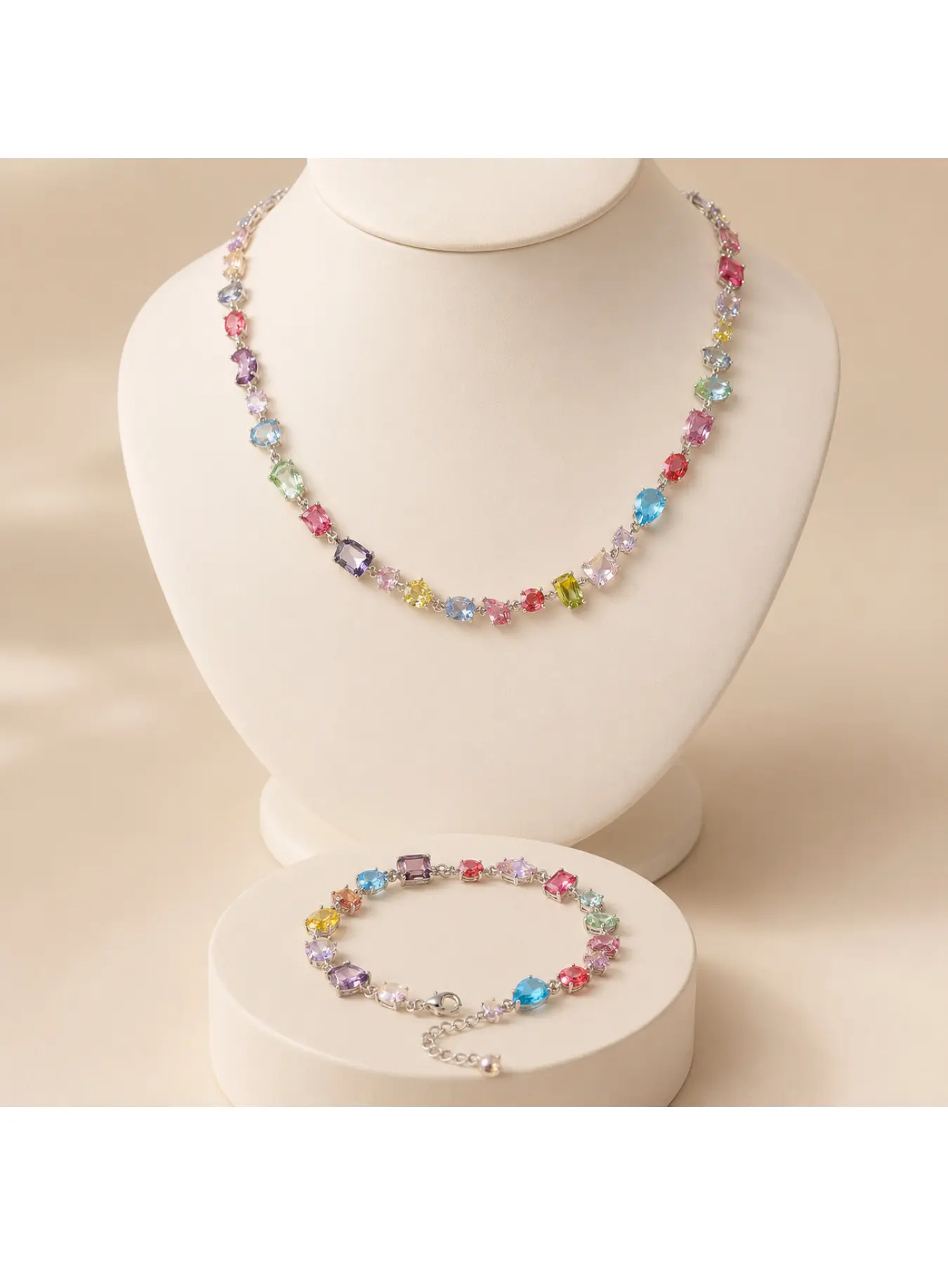 Rainbow Crystal Necklace Bracelet Set for Women, June Birthstone Dopamine Colorful Rhinestone Jewelry Set, Adjustable Sparkly Tennis Chain Set Perfect June Birthday Gift for Her