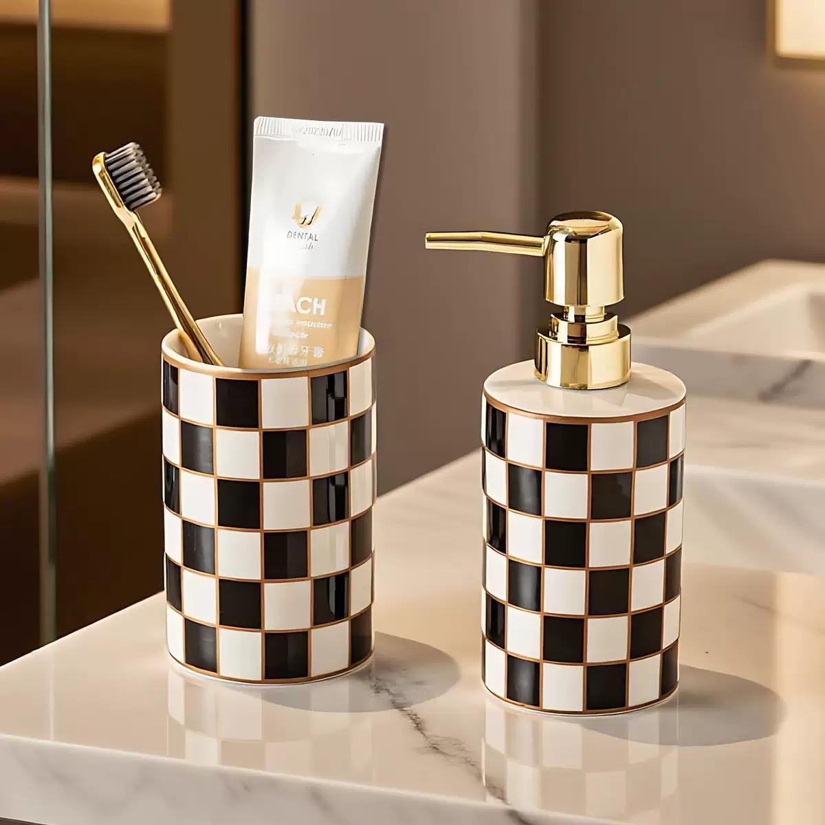 Modern Black White Ceramic Toothbrush Holder Grid Bathroom Vanity Organizer for Countertop Storage Decorative Shower Bathroom Essentials