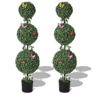 Garvee 4 ft Artificial Triple Ball Topiary Set of 2 with Realistic Boxwood Greenery Featuring Whimsical Vine and Bug Details, No-Maintenance Decorative Trees for Indoor and Outdoor Use
