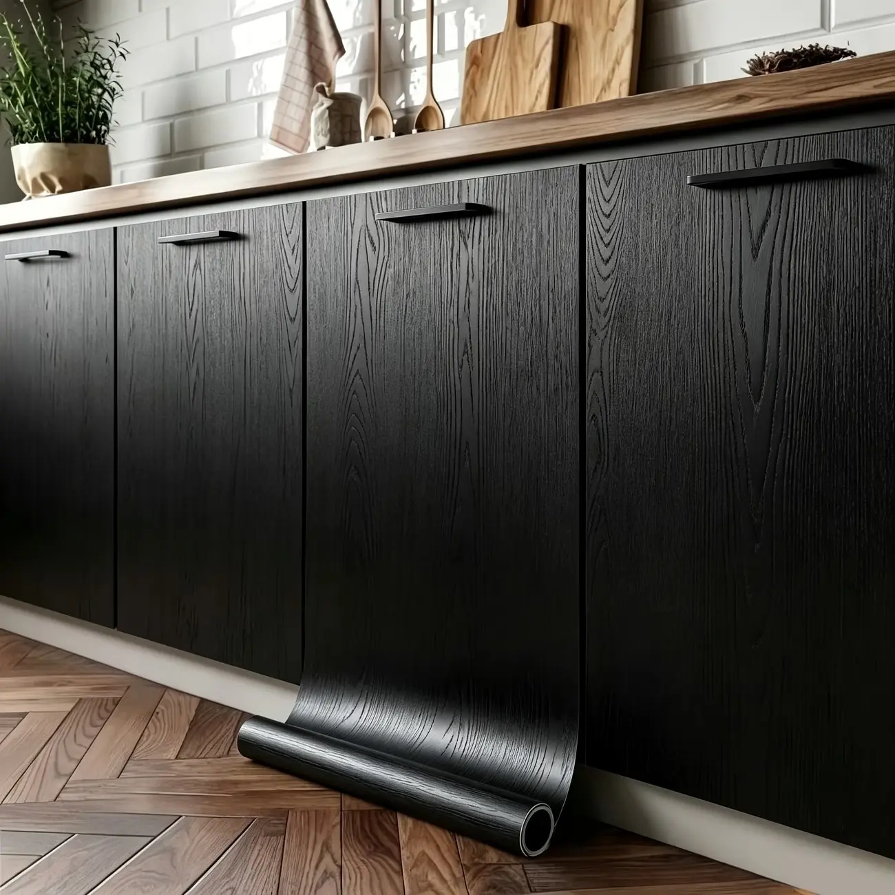 Black & White Wood Grain self-adhesive wallpaper, peel-and-stick solid color wall stickers, removable waterproof wall decor for bedroom, living room, cabinets, and furniture
