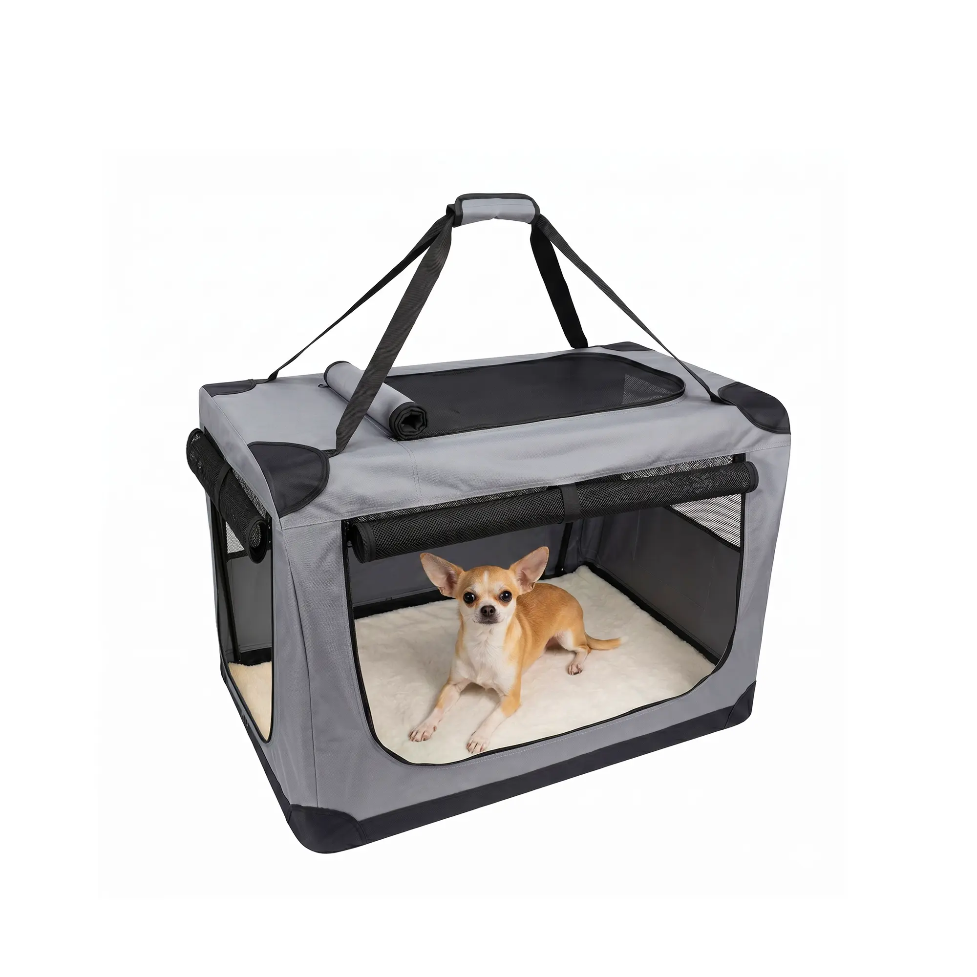 M-XXL Soft Portable Pet Cage, Dog Crate Collapsible 3-Door Travel Kennel for Large Dogs w/ Fleece Bed, Storage Pocket & Safety Zippers for Indoor, Outdoor & Car Use