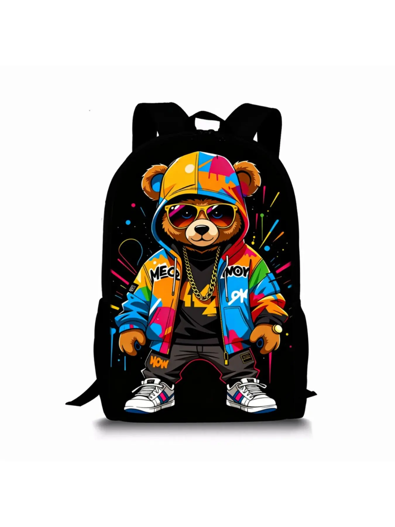 17-inch single-layer backpack with 2D bear print, 44cm in height. Large-capacity Waterproof Travel Backpack, versatile and wear-resistant Hiking Sports Rucksack for outdoor trips and sports