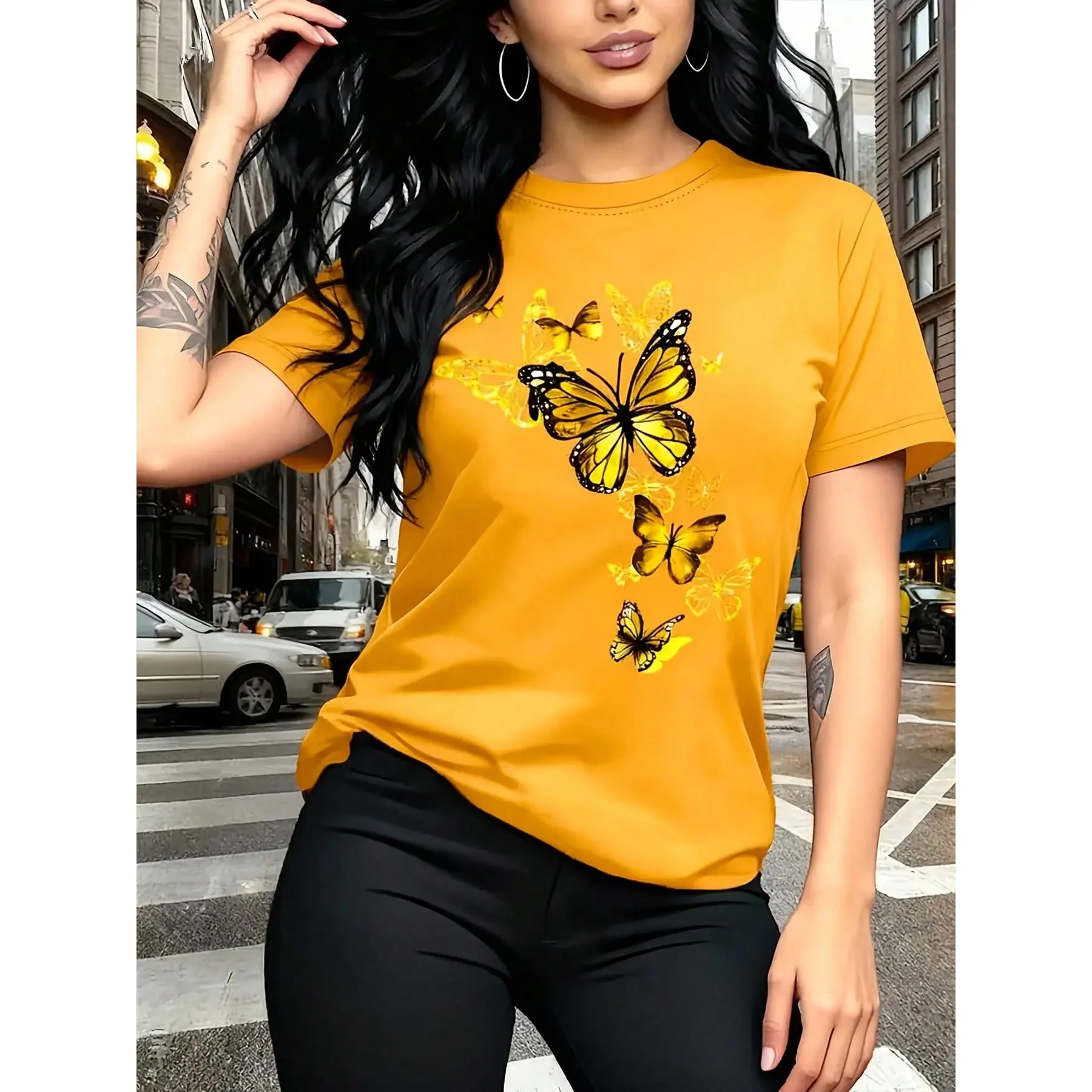 Women's Loose-Fit Short-Sleeve Graphic T-Shirt - Unique Butterfly Print, Gold Accents, Round Neck, Breathable Lightweight 100% Cotton Fabric, Luxurious Casual Top, Shortsleeve, T Shirts For Women