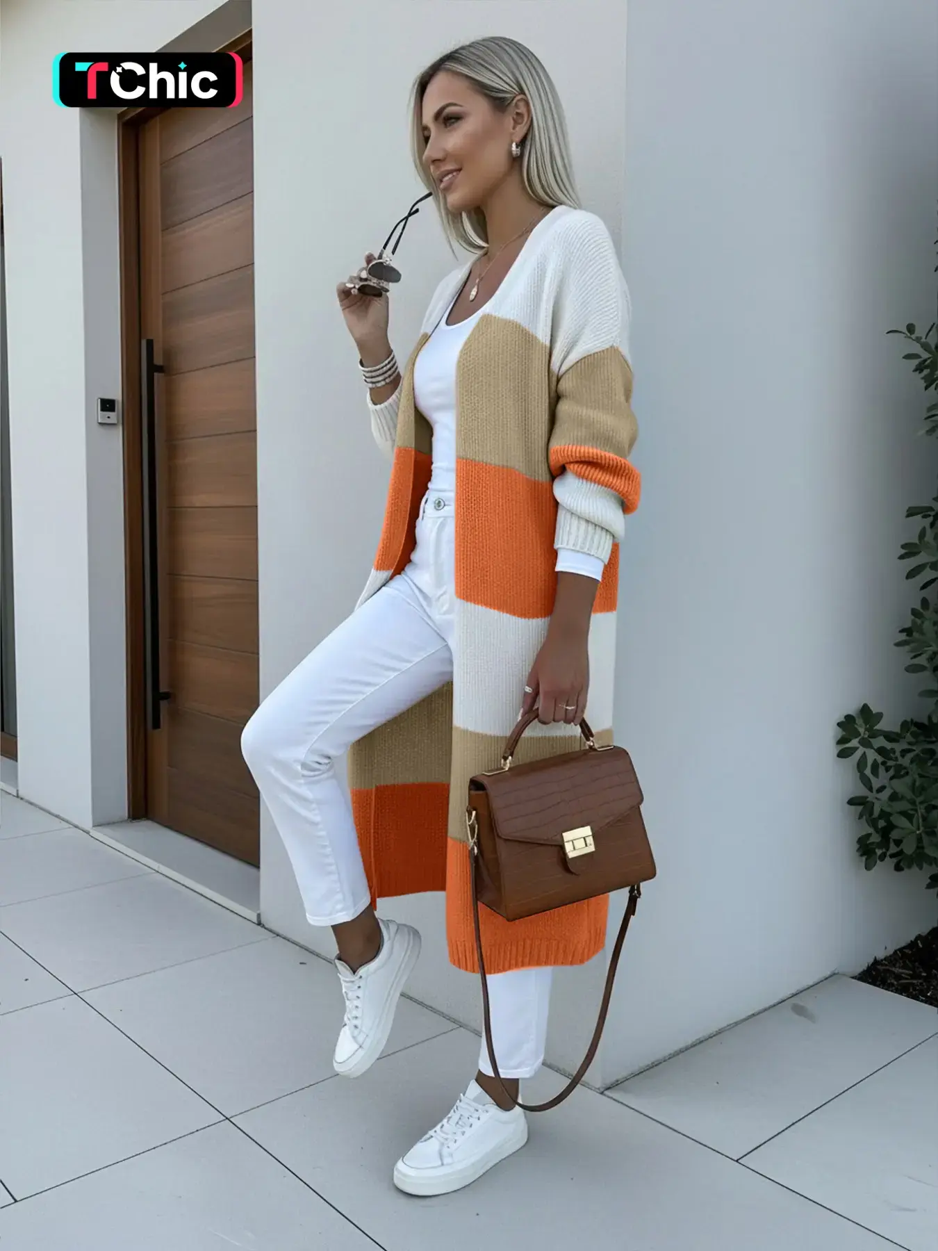 New Fall Winter Fashion Casual Patchwork Striped Long Sleeve Knit Cardigan for Women, Trendy and Comfortable Outerwear