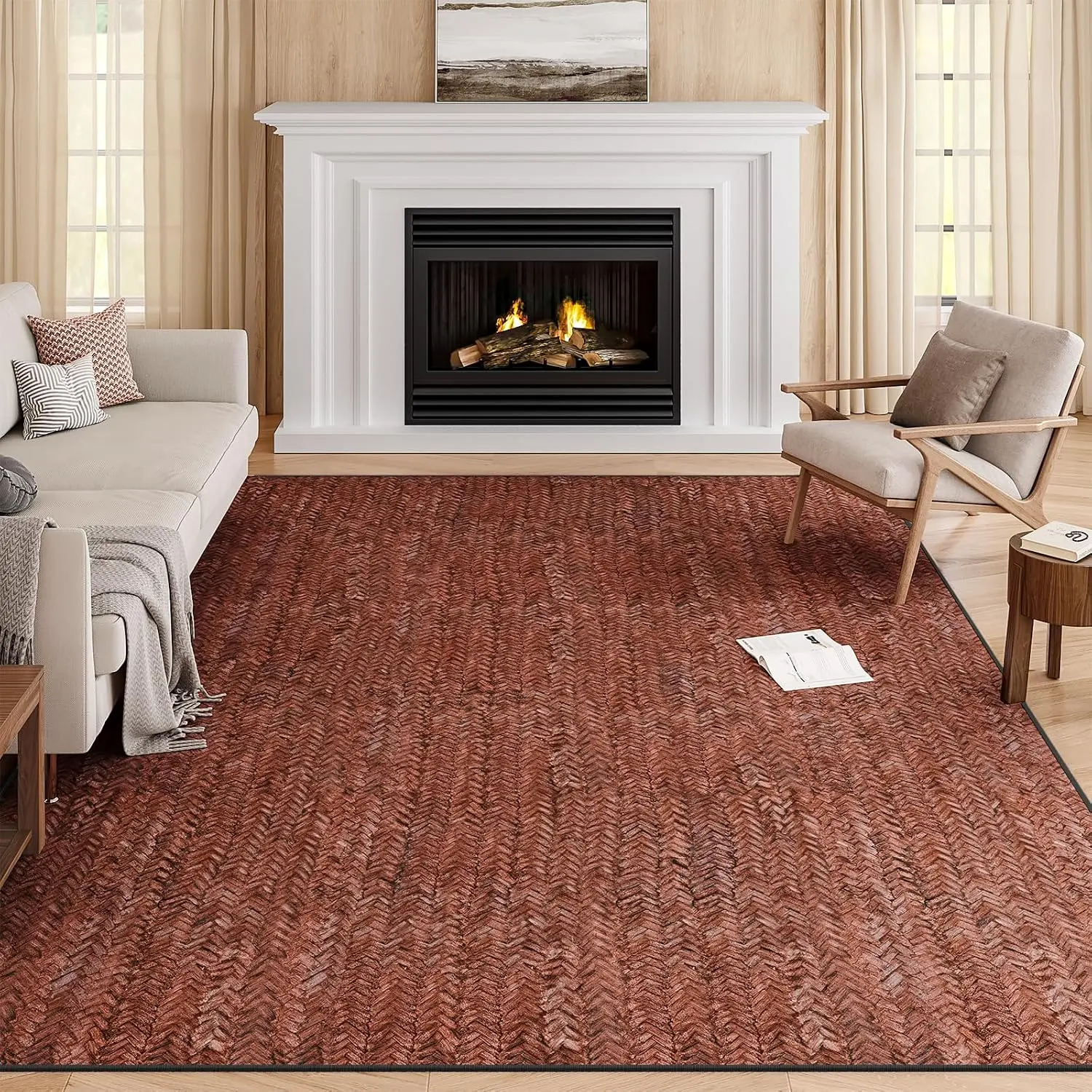 Modern  5x7 Herringbone Chevron Area Rug for Living Room,  & Red, Non-Slip Stain Resistant Washable Rug,   Decor Carpet for Bedroom, Kitchen, Dining Room