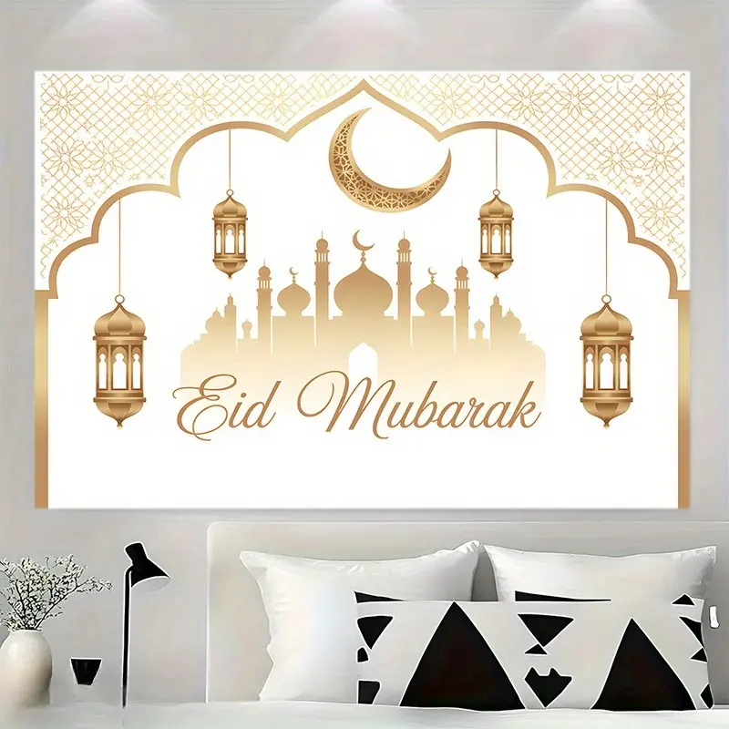 Eid Mubarak Islamic Celebration Backdrop Banner Gold White Pattern Polyester Fabric Party Background Cloth Tapestry Wall Hanging Photography Background Alternative Decor Ramadan Eid Sacrifice Festival Indoor Outdoor Display