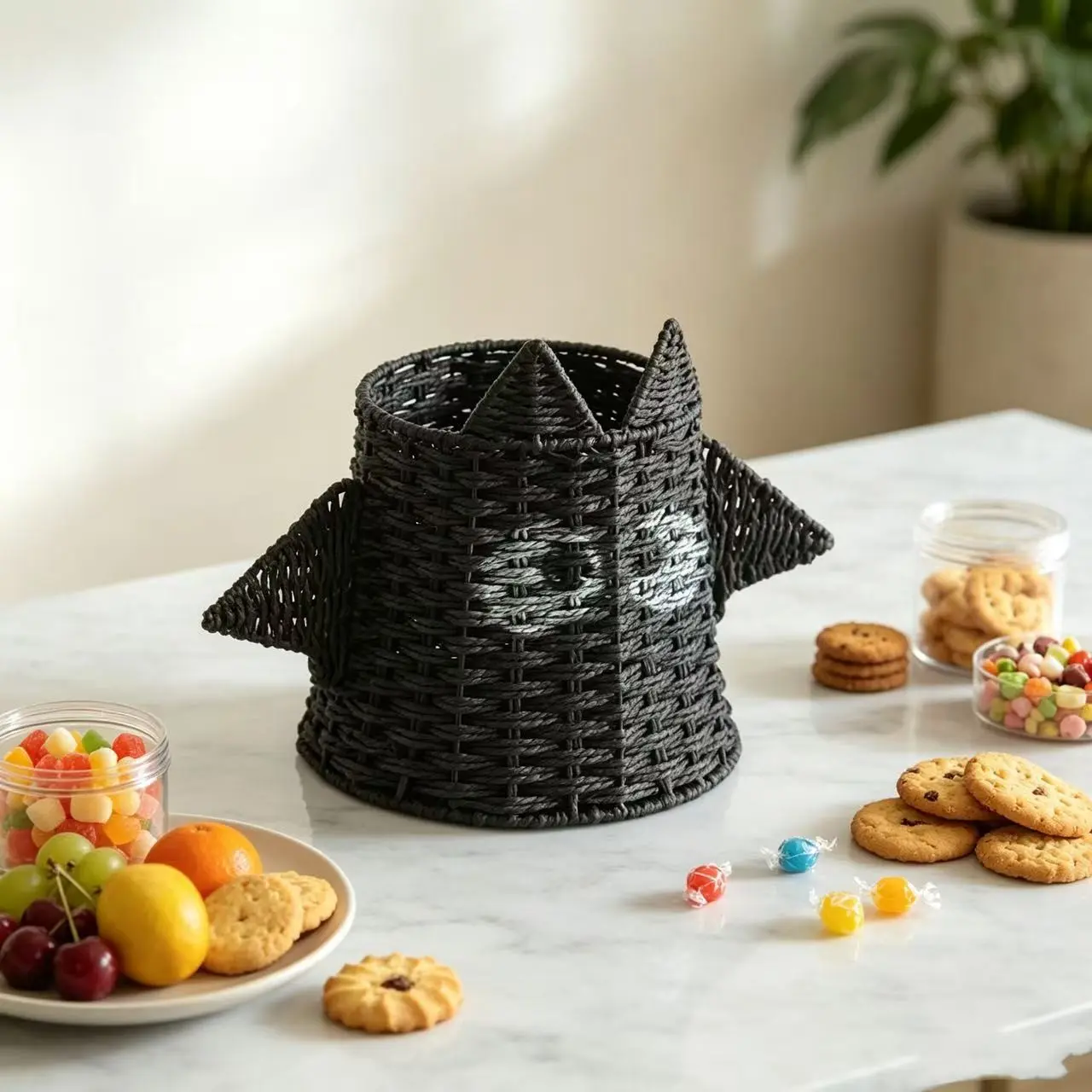 Halloween Bat Shaped Woven Storage Basket, Rattan Decorative Organizer, Halloween Tabletop Candy Holder, Boho Farmhouse Home Decor