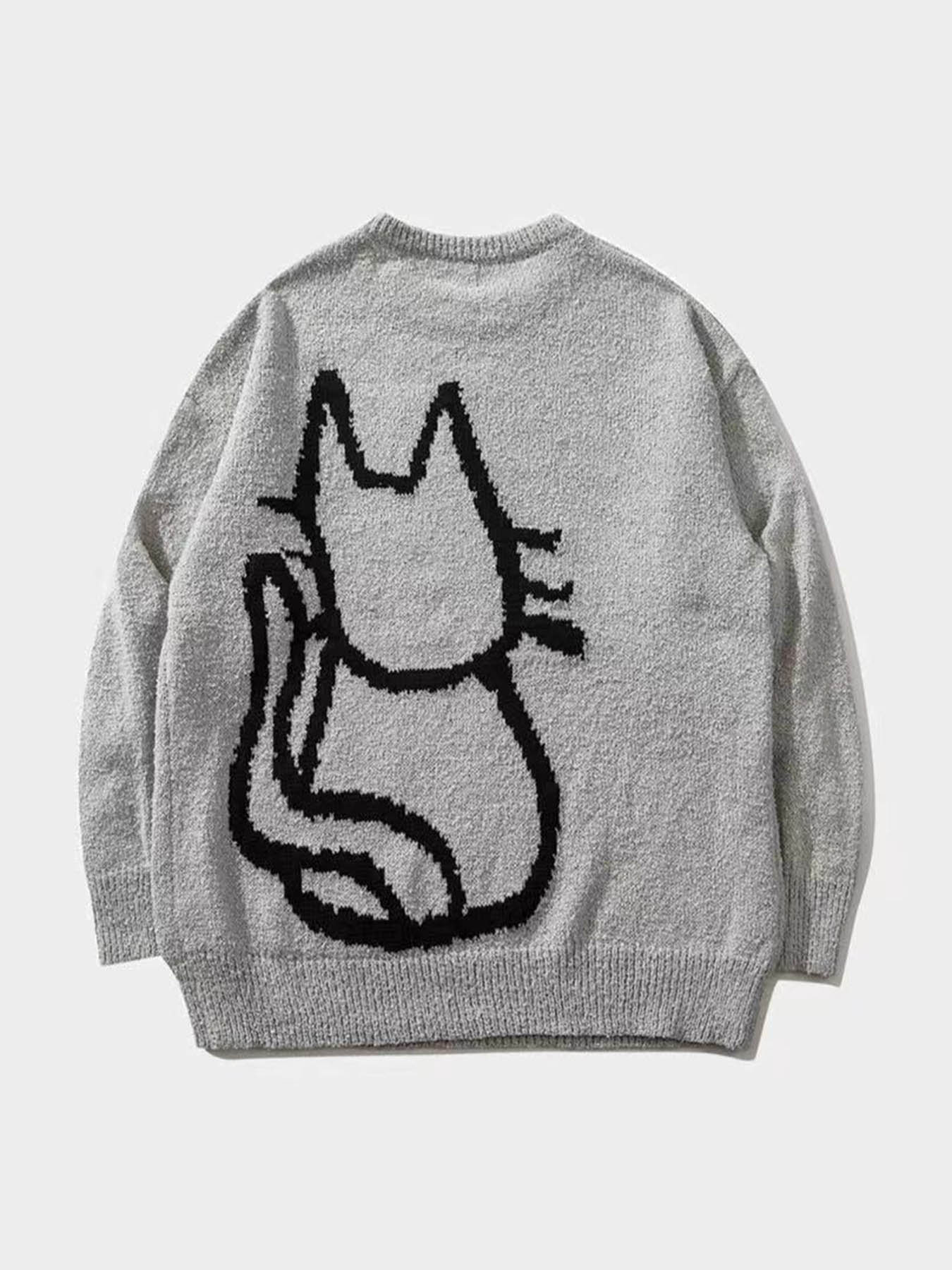 Autumn Winter New Cartoon Cat Pattern Long Sleeve Sweater Women's Small Design Retro Loose Knitted Shirt Lazy Style Round Neck Top