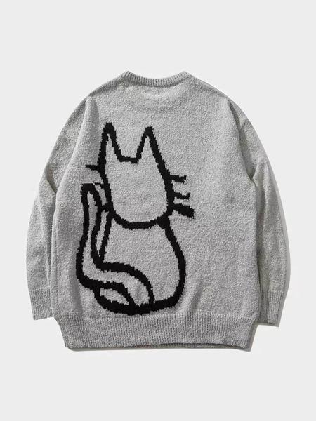Autumn Winter New Cartoon Cat Pattern Long Sleeve Sweater Women's Small Design Retro Loose Knitted Shirt Lazy Style Round Neck Top