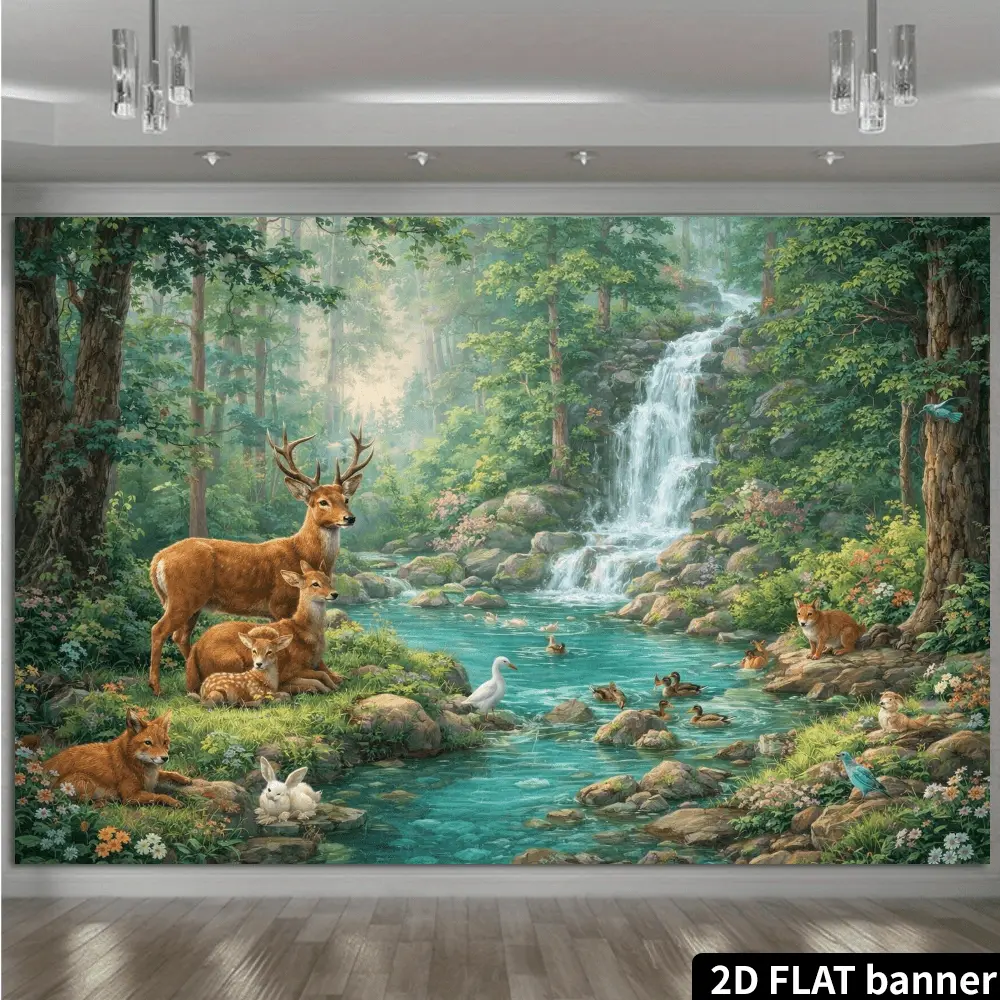 Forest Stream Animal Tapestry Suitable for Indoor/Outdoor - Lush Green Forest Scene with Deer, Fox, Rabbit, Ducks & Birds, Mountain Waterfall, Blooming Flowers