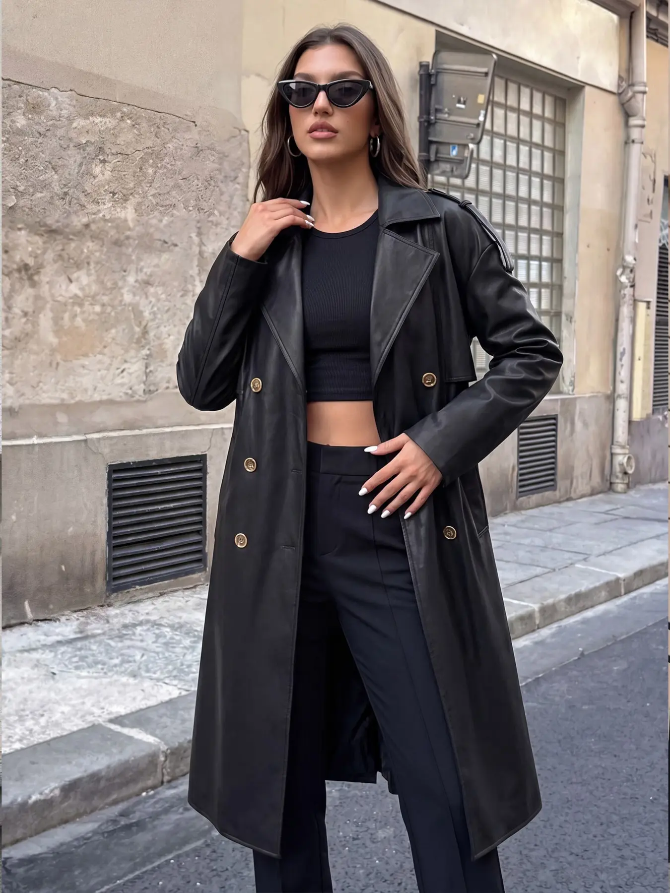 Women's Trench Coat, Double Breasted Belted Long Duster Jacket, Lapel Collar Fall Winter Outerwear, Loose-Fitting Plain Surface, Oversized