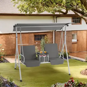 2-Seat Porch Swing with Stand & Pivot Storage Table, Outdoor Swing with Adjustable Canopy & 2 Cup Holders for Bedroom & Balcony, Gray