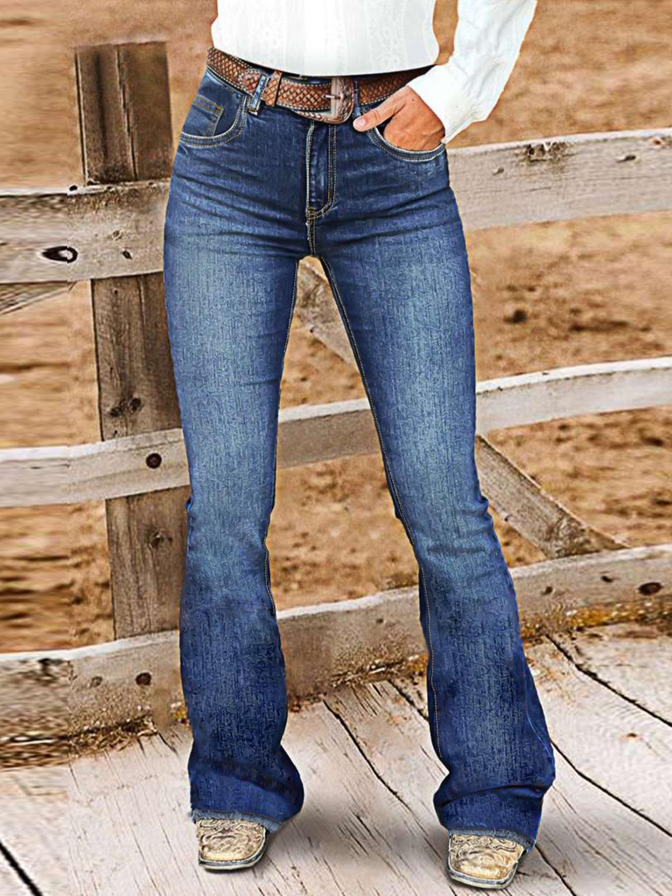 Women's Elastic Casual Denim Flare Pants, Plain Pattern, Slim-Fit Design, All-Season Wear, Moderate Fabric Thickness, No Belt Included