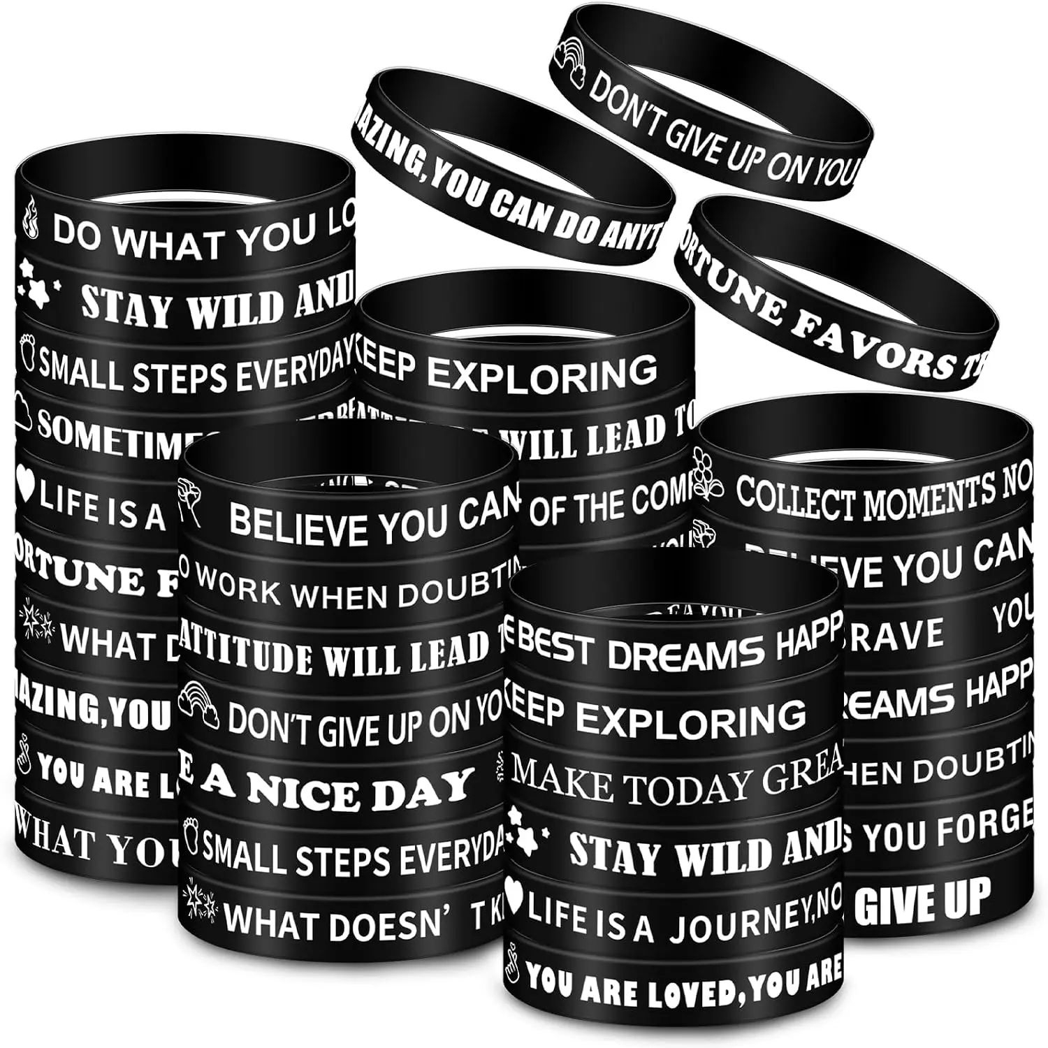 Black Party Favor 50 count Motivational Quote Bracelets Bulk