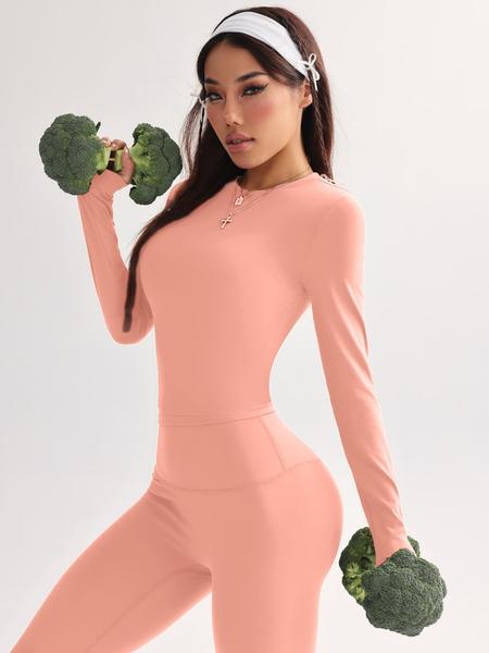 Women's Solid Crew Neck Long Sleeve T-Shirt & High Waist Skinny Pants Set, Comfortable Sportswear for Yoga Fitness Workout, Casual Workout Loungewear