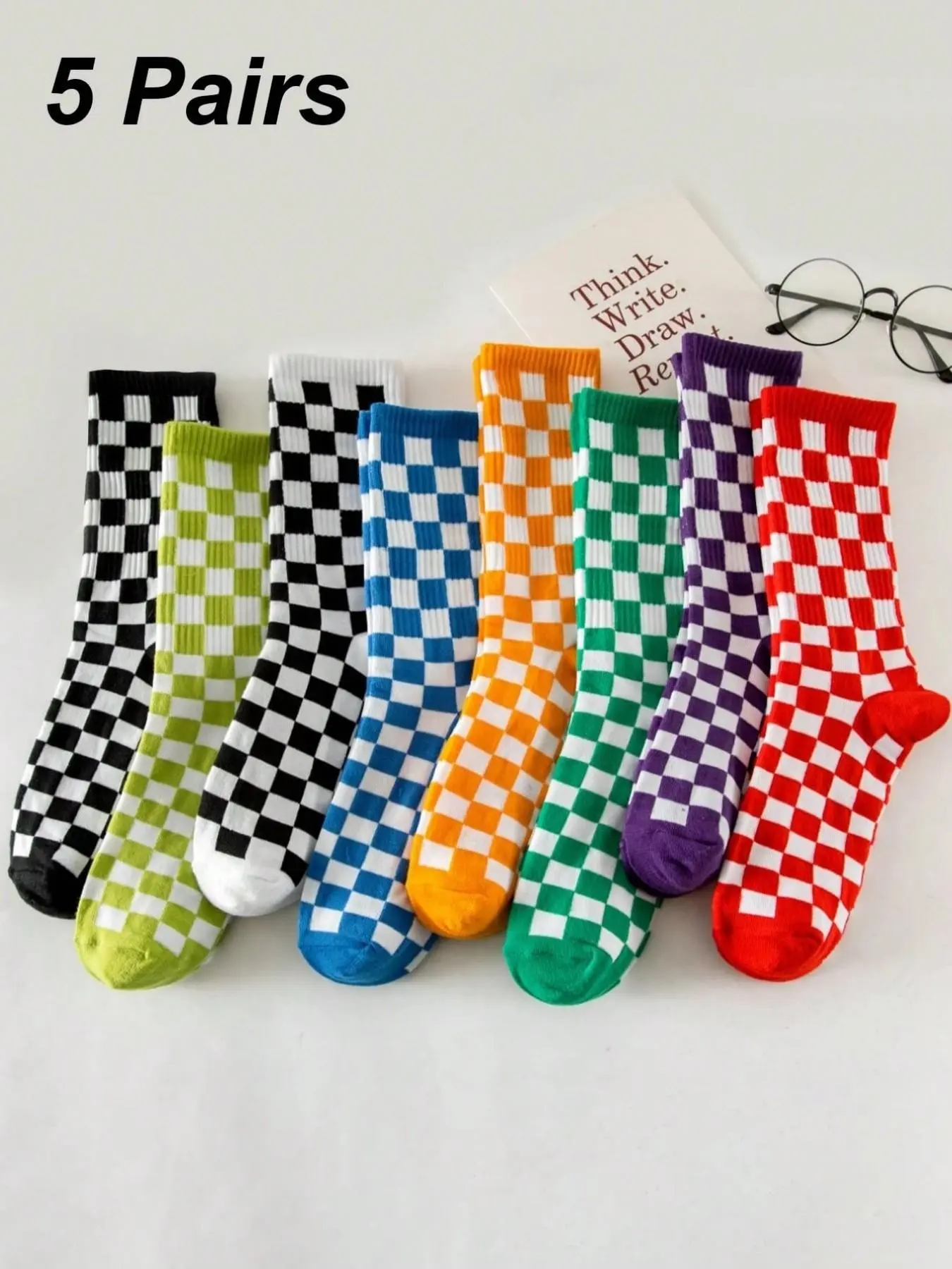 Women's Multi-Color Mid-Calf Socks, Casual Knit Socks, Fun Fashion Knit Checkered Pattern, Soft Comfortable Breathable, Ideal for Daily Use, Parties, Gifts
