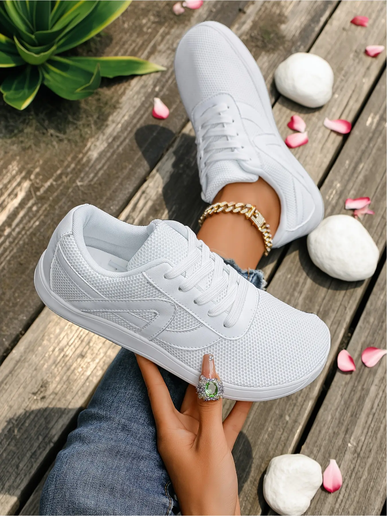 FAYWELLME  Women's all-white mesh breathable sports shoes, wide-brimmed toe comfortable nude shoes, light and soft sole lace-up casual walking shoes, suitable for daily outdoor wear