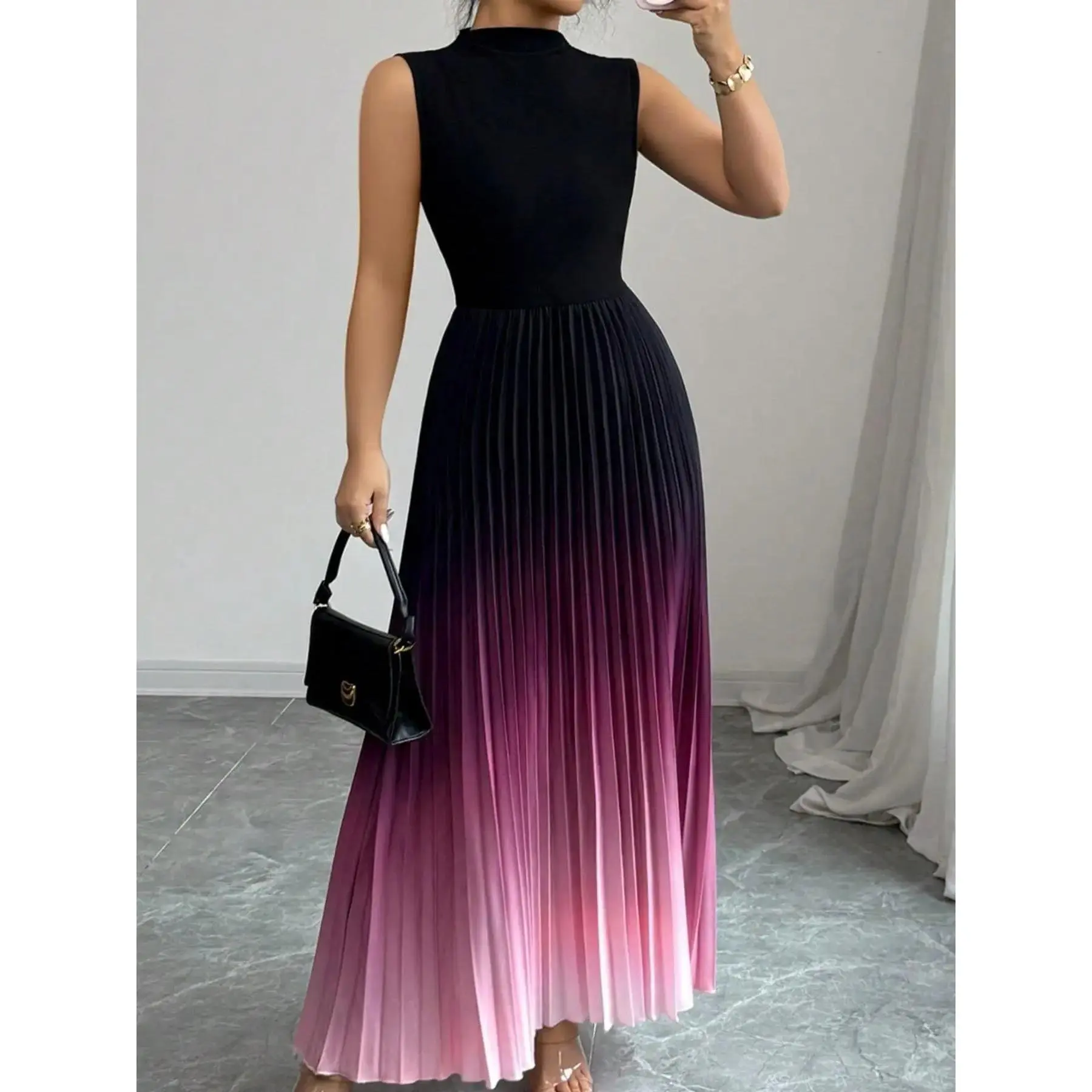 Chic Mock Neck Sleeveless Fitted Vest Pleated Tie Dye Ombre Gradient Bodycon Summer Dress, Stylish Women's Casual Wear, Perfect for Daily Comfortable and Trendy Design, elegant silhouette, timeless appeal, graceful flow