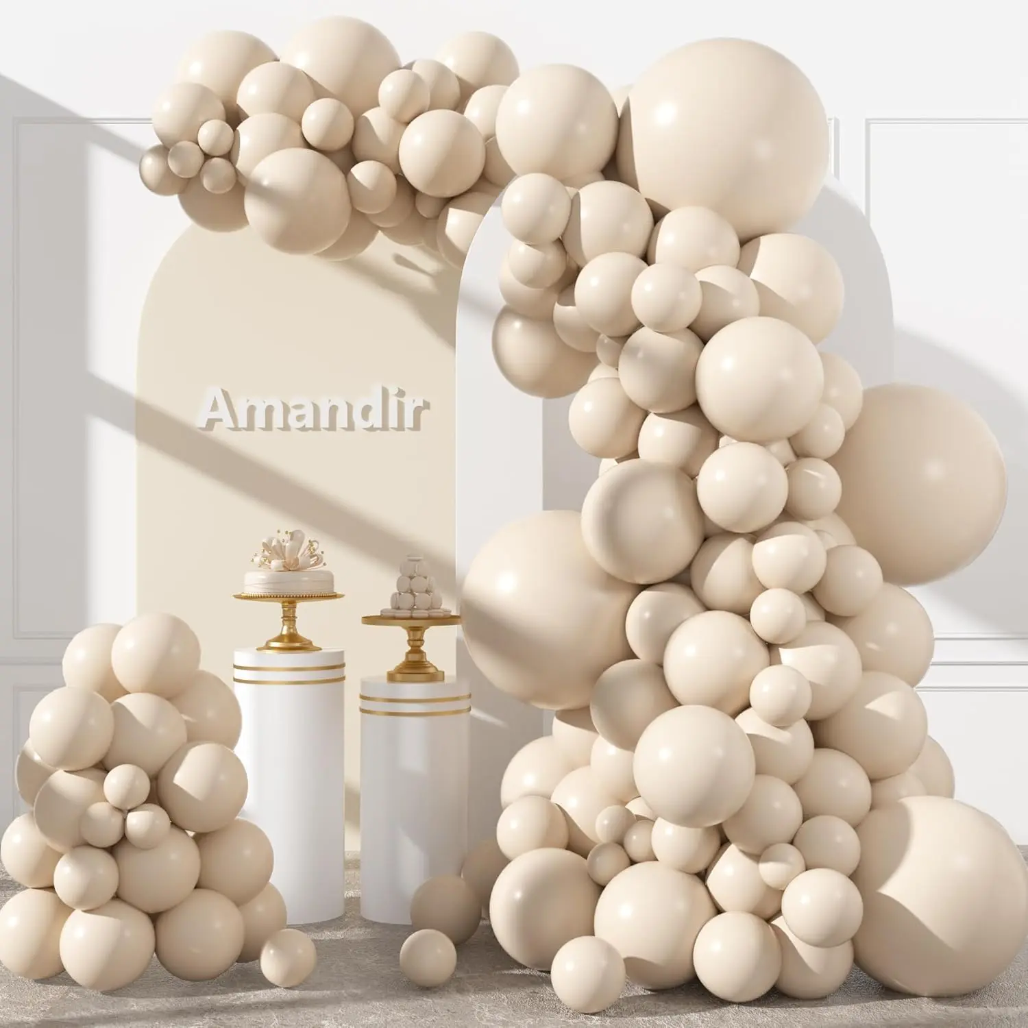 153pcs Multi-Size Flexible White Sand Balloon Arch Garland Kit, 18/12/10/5in Cream Beige Latex Balloons for Birthday, Wedding Party Decorating Supplies