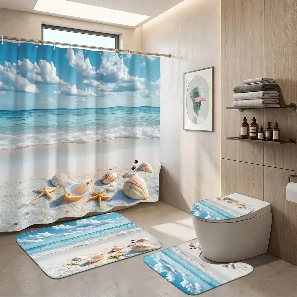 1-4pcs Coastal Bliss Polyester Shower Curtain and Bath Mat Set with Hooks, Beach Day Bathroom Decor for Toilet Space, Turquoise Waves Sand Seashells Starfish Design