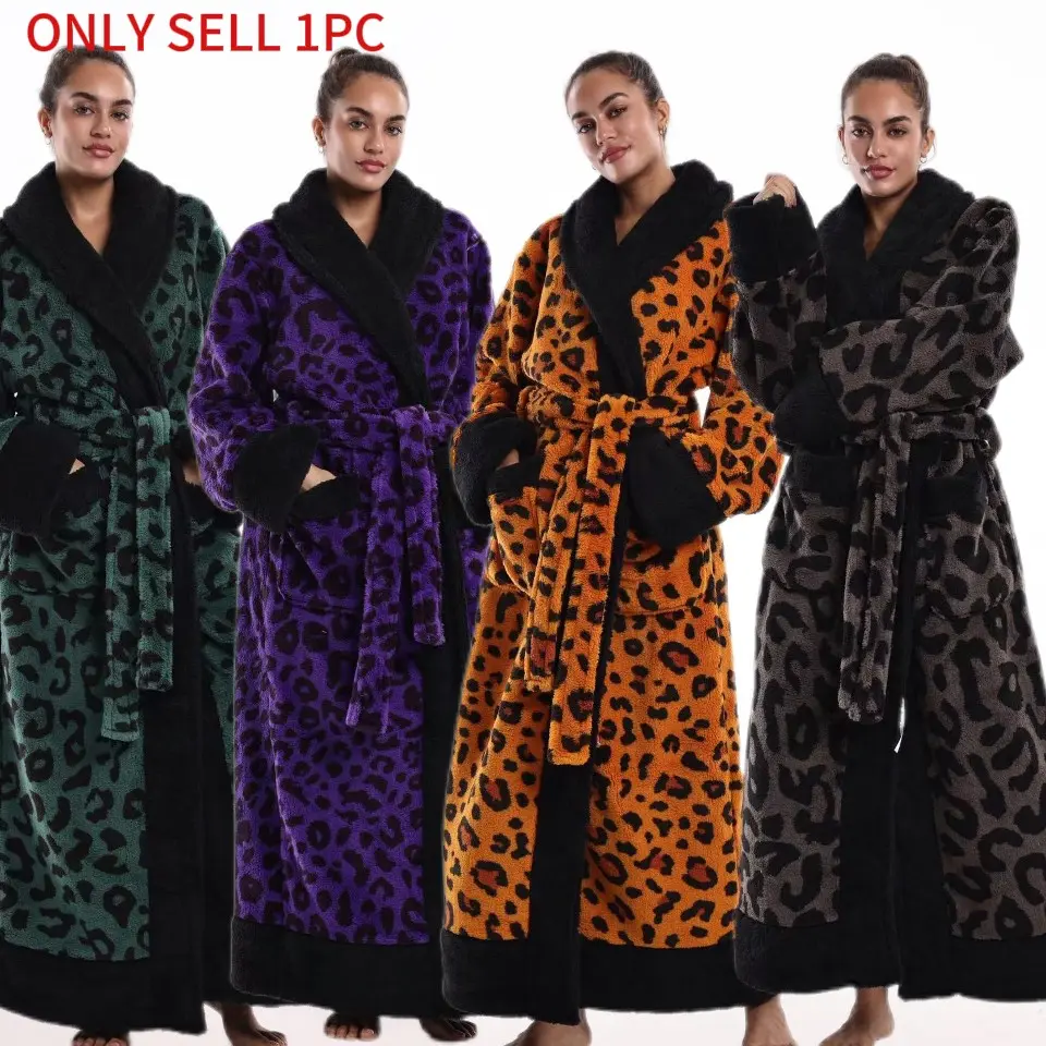 Unisex Leopard Print Bathrobe, Lapel Neckline with Belt, Large Hat Included, Thick Material, Couples' Home Wear, Essential for Home Use