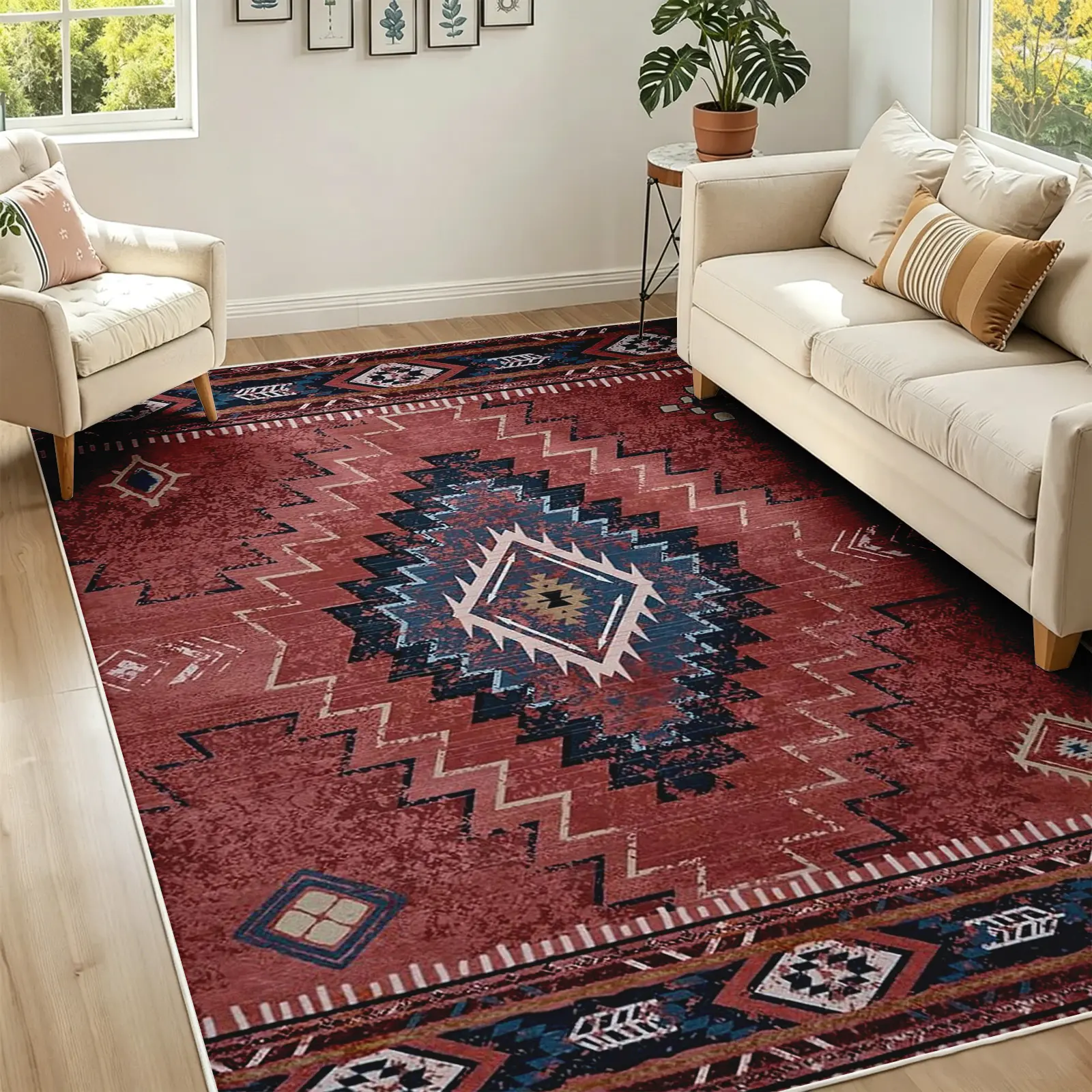 [Moving Season]Boho Tribal Area Rug, Red and Blue Aztec Pattern Carpet, Cozy Plush Faux Cashmere, Machine Washable Non Slip Rug for Bedroom, Living Room, Dining Room, Office, Stunning Home Decor, Room Decor (Various Sizes)