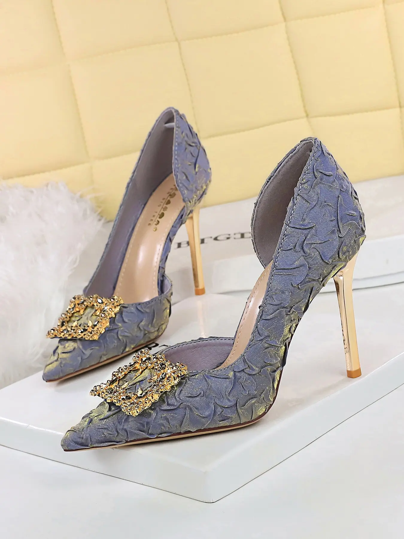 French Rhinestone Square Buckle Side Cutout Slip-On High Heel Silk Wedding Shoes, Elegant Soft Fine Heel Bridal Shoes