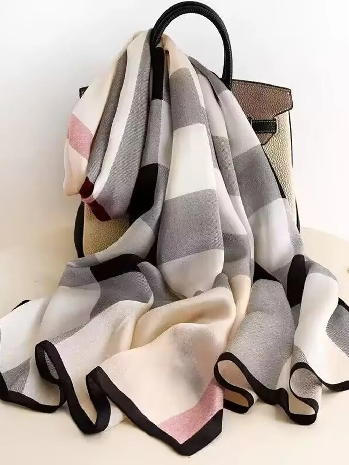 Plaid Satin Silk Scarf for Women, Elegant Loose-Fitting Design, All-Season Accessory, Geometric Pattern, Made in China