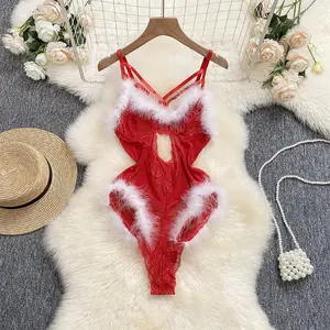 Valentine Furry Lace Mesh Bodysuit Set With Underwire Holiday Loungewear Outfit for Women