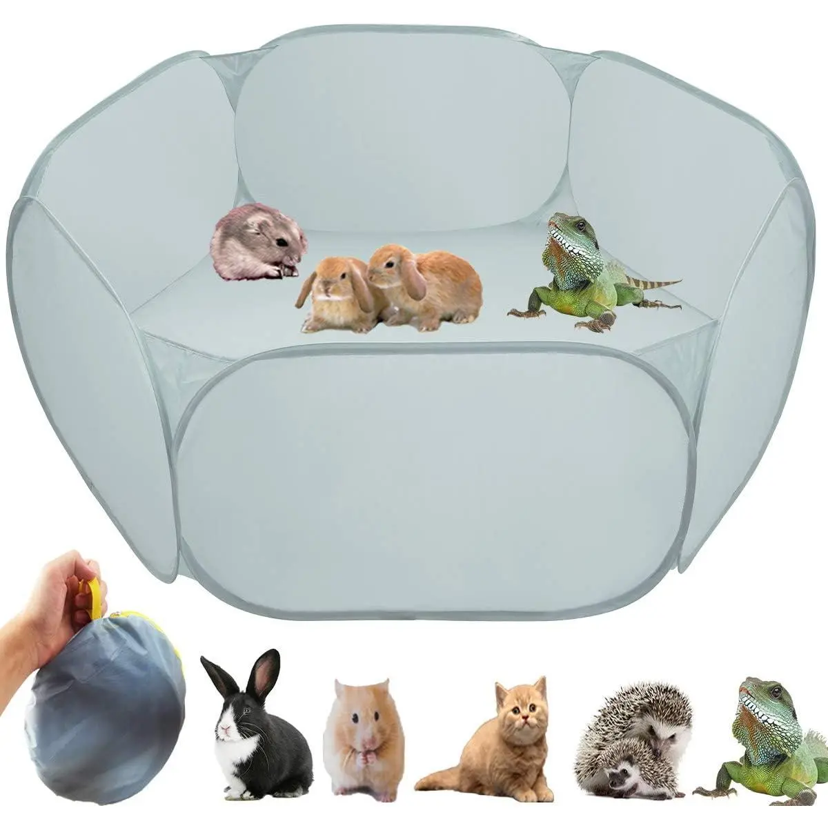 Small  Cage Tent Playpen with Fabric,Reptiles Cage,Breathable Transparent  Playpen Pop Open Outdoor/Indoor Exercise Fence,Portable Yard Fence (Solid-Grey)