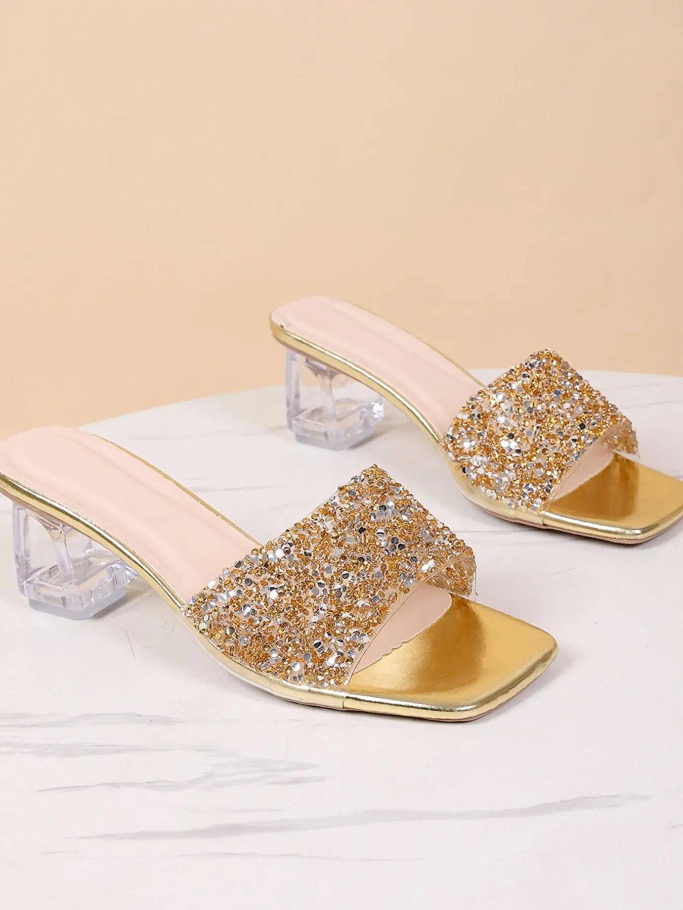 Women's Rhinestone Heeled Sandals, Square Toe Full Rhinestones, Transparent Elastic Back Strap, Crystal Heel, Soft Insole, Party Evening Shoes, Rhinestone Decorated Sandals