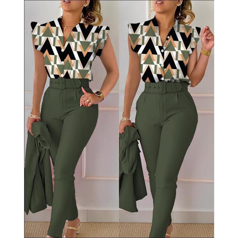 Women's 2-Piece Floral Print Blouse Solid Pants Set with Belt, Breathable Lotus Sleeve Top & Stretch Trousers Office to Casual Versatile Outfit Comfort Clothes Jacket Suits Chic Womenswear matching sets vacation Cropped Beach