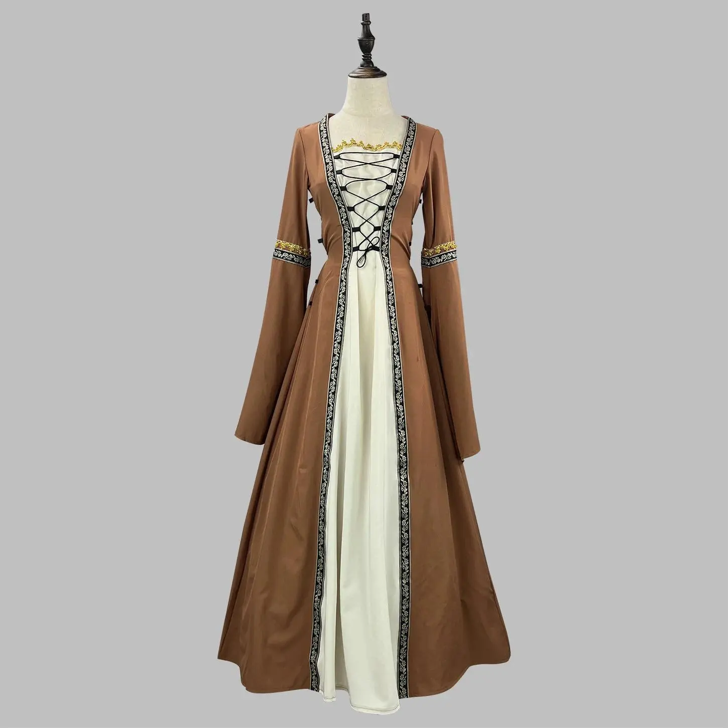 Gothic Vampire Costume for Women, Elegant Medieval Polyester Dress with High Neck and Flared Long Sleeves for Halloween Cosplay, Accessories, Vampire Theme, Historical/Period, Holiday