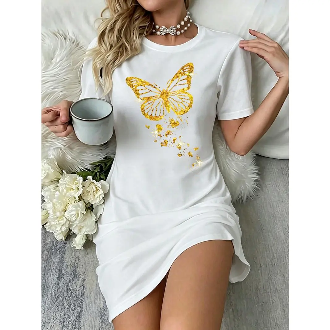 Women's Sparkle Glitter Butterfly Art Graphic Print Crew Neck Short-Sleeve Oversized T-Shirt Dress - Lady's Lightweight Loose Hem Casual Loungewear Nightwear Mini Nightshirt