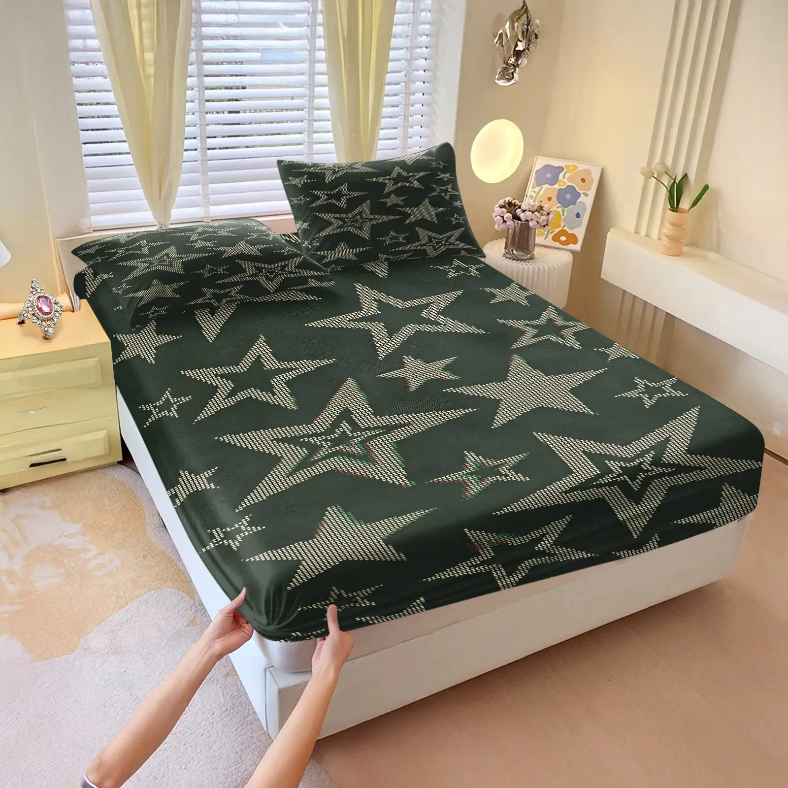 3-Piece Cosmic Starry Sky Fantasy Style Fitted Sheet Set, Machine Washable, Mattress Protection Design, Suitable for All Ages, Four-Season Universal Bedroom Soft Furnishing (Pillow Cores Not Included)