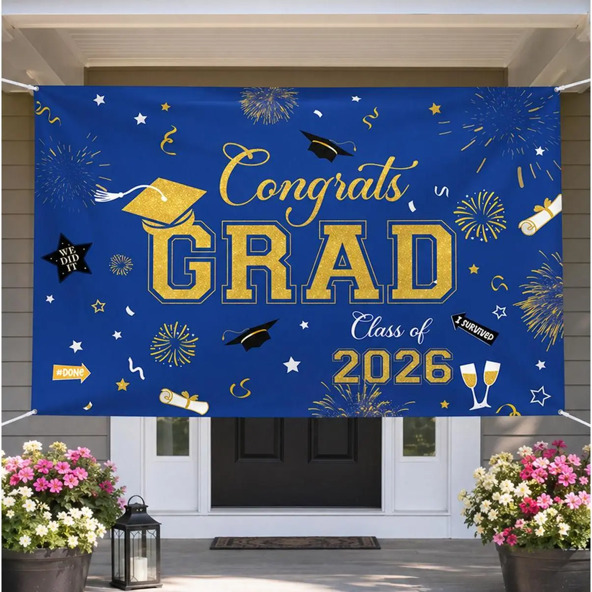 SummerVibes 47.24 x 70.87 Inch Graduation Decorations 2026, Blue Congrats Grad Banner Backdrop, Class of 2026 Party Supplies, Large Graduation Photo Booth Background, Party Decor with Stars Caps Confetti