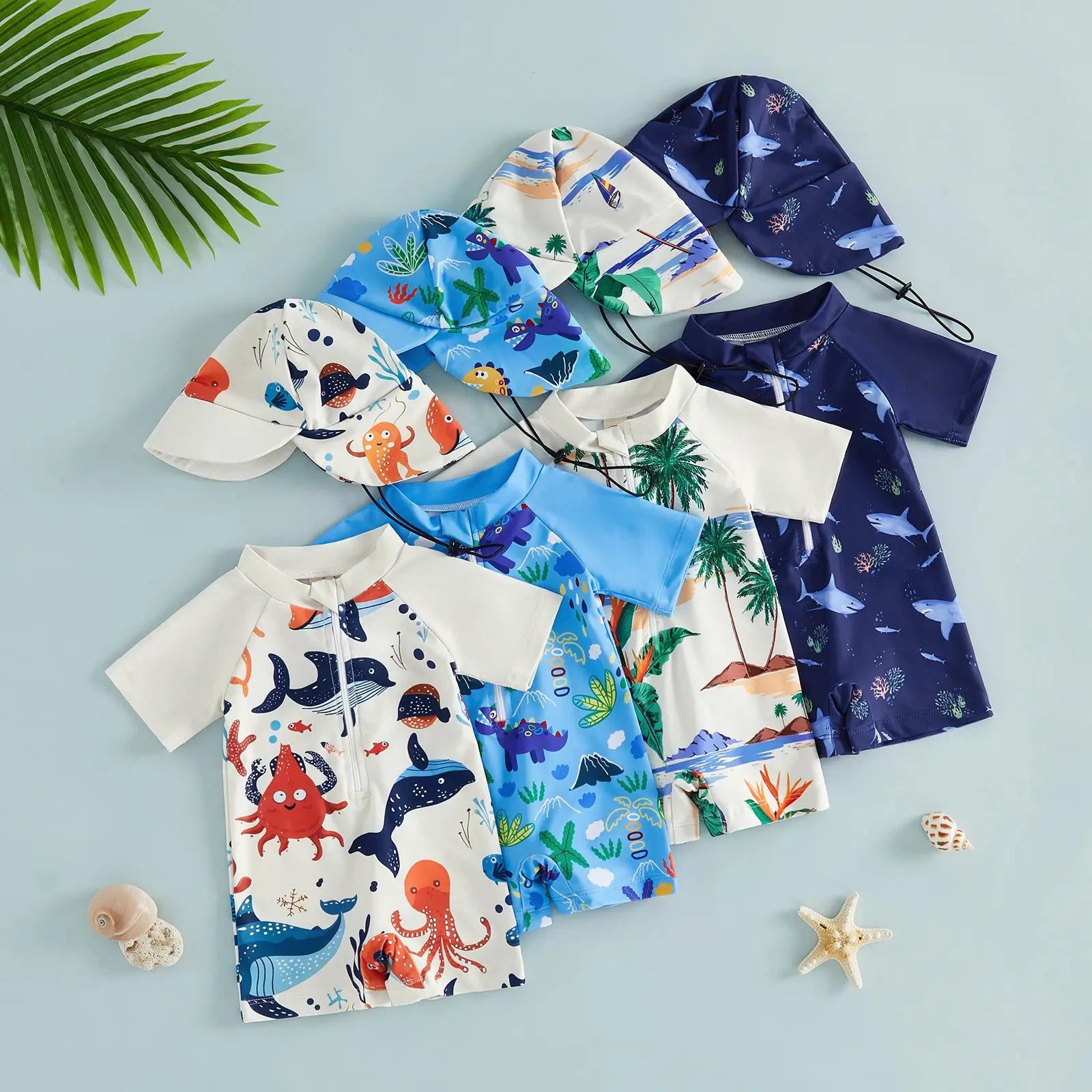 Boys Two Piece Rash Guard Swimsuits Kids Short Sleeve Swimwear Sets Bathing Suit with Sun Hat for 6M-4 Years