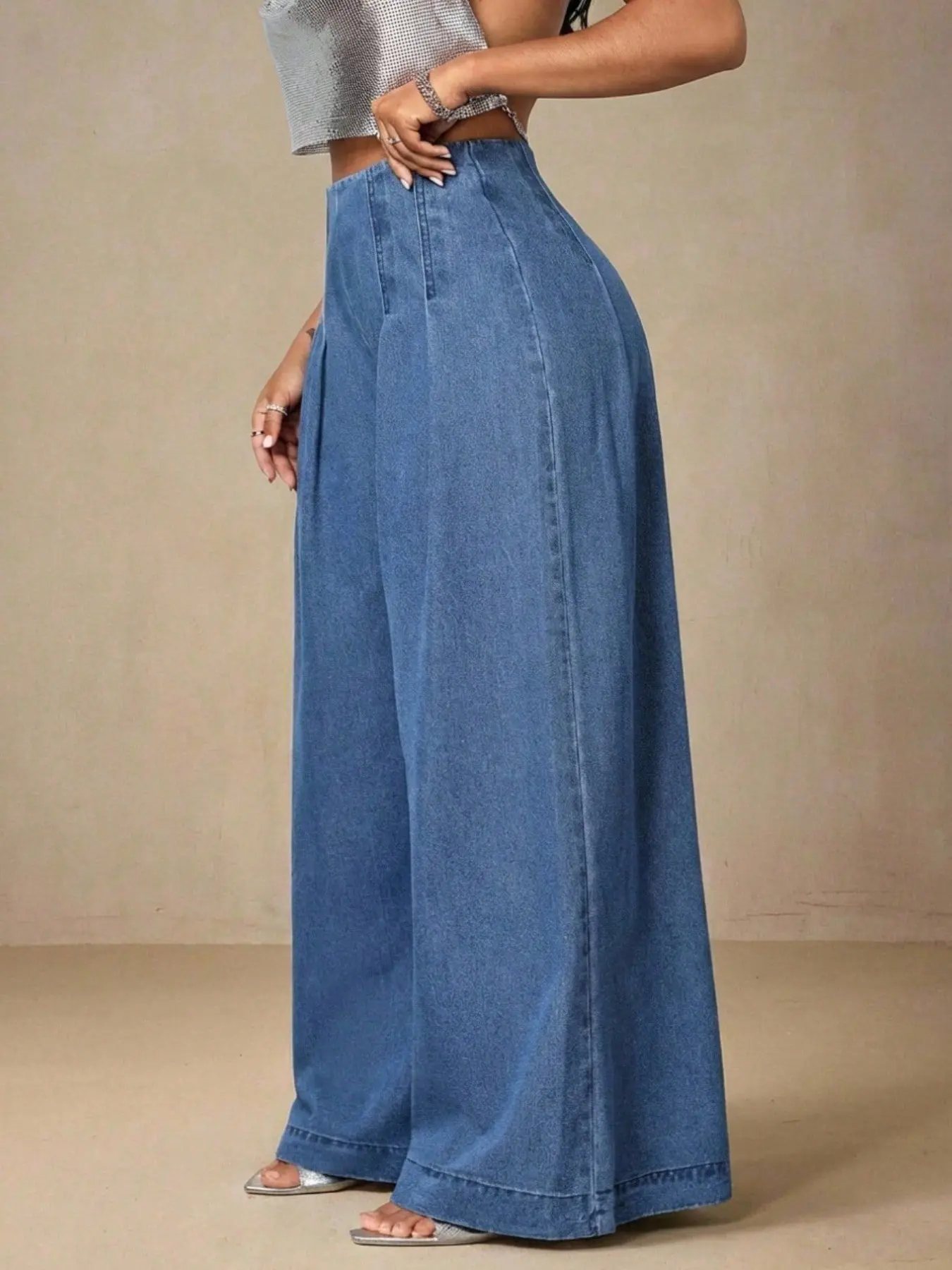 High Waist Pleated Wide Leg Baggy Jeans, Light Blue Flowy Loose Fit Slimming Commuter Versatile Chic Suit Pants, Long Jean for Daily Wear